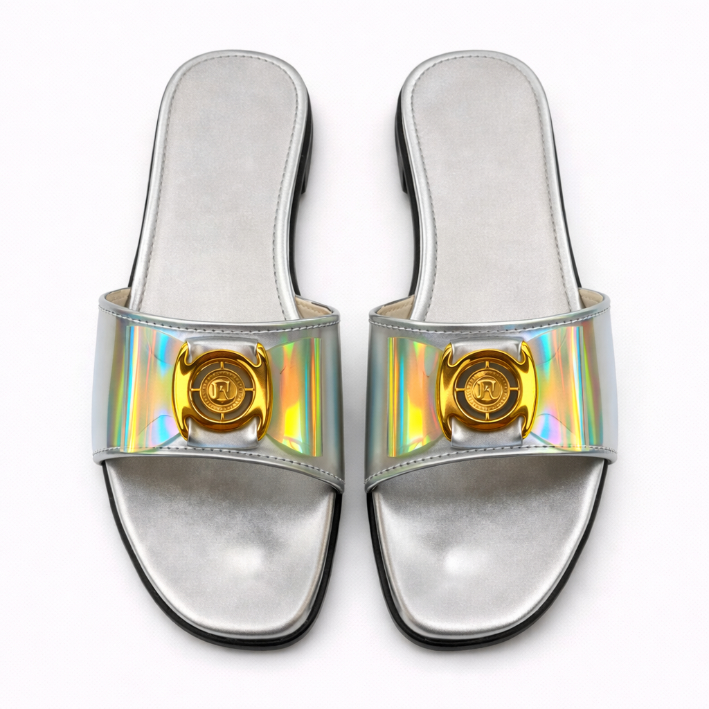 Quality Metallic Ash Slip On Sandal with Holographic Bow